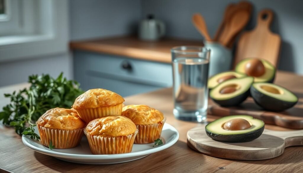A cozy, minimalist kitchen scene with wooden textures and light blue accents. At the center, a plate of golden-brown high-protein egg white muffins, their fluffy texture and glistening tops enticing the viewer. Surrounding the muffins, a selection of fresh herbs, a glass of chilled water, and a cutting board with sliced avocado, highlighting the nutritious ingredients. The lighting is soft and natural, casting gentle shadows and accentuating the mouthwatering details. The atmosphere exudes a sense of health, wellness, and the benefits of a high-protein, low-fat breakfast.