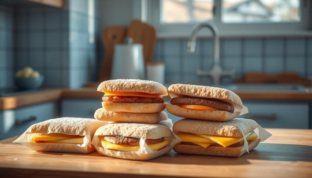 A cozy, minimalist kitchen scene with wooden textures and light blue accents. On the counter, a variety of frozen breakfast sandwiches carefully arranged, their packaging frosted with a delicate layer of ice crystals. Soft, natural lighting from a nearby window illuminates the scene, casting warm shadows and highlighting the delicate details. The overall atmosphere conveys a sense of convenience and comforting familiarity, inviting the viewer to imagine the satisfying taste and texture of these frozen culinary delights.