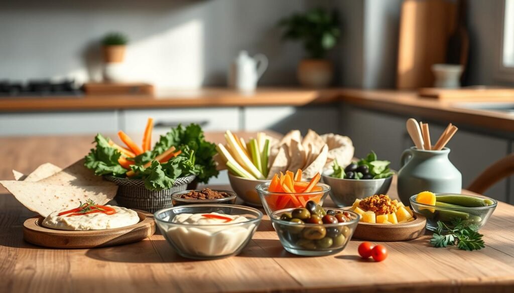 A cozy, minimalist kitchen setting with a wooden table showcasing an assortment of global lunchbox flavors. Vibrant hummus, crisp vegetables, and an array of dipping options from different cultures - Middle Eastern flatbreads, Mediterranean olives, Indian chutneys, and Asian-inspired pickles. Soft, natural lighting illuminates the scene, casting gentle shadows and highlighting the textures of the ingredients. The overall atmosphere is one of warmth, diversity, and the joy of sharing a nourishing, internationally-inspired lunchbox.