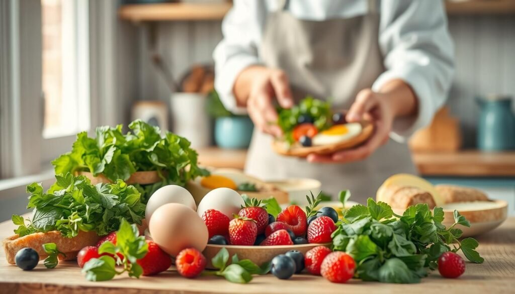 A cozy, minimalist kitchen setting with natural wooden textures and soft blue accents. In the foreground, a variety of fresh, vibrant ingredients are elegantly arranged - farm-fresh eggs, crisp greens, juicy berries, fragrant herbs, and whole grain toasts. In the middle ground, a chef's hands carefully prepare a visually-striking breakfast dish, transforming the raw ingredients into a culinary masterpiece. The background features a warm, diffused lighting that casts a gentle glow, creating an inviting and appetizing atmosphere. The overall composition showcases a harmonious balance of colors, textures, and culinary creativity, inspiring viewers to try new, fresh and nourishing breakfast recipes.
