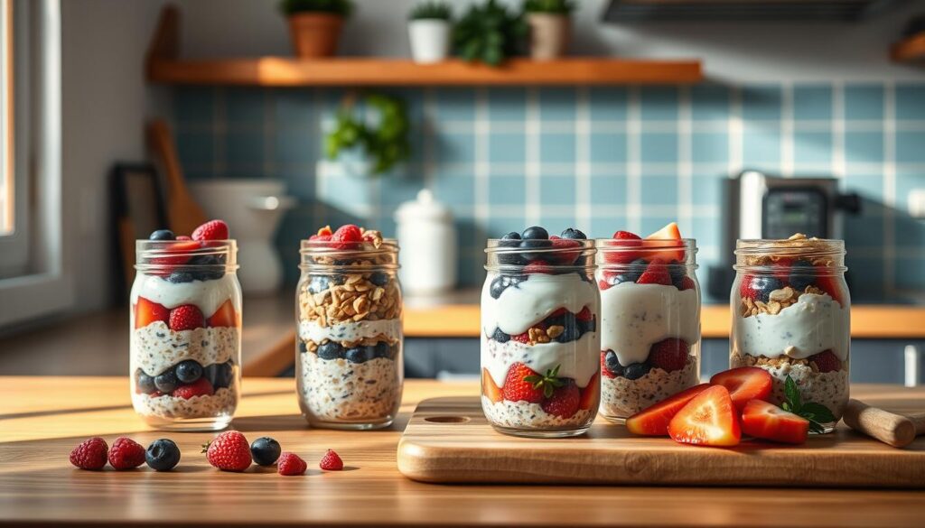 A cozy, minimalist kitchen setting with warm, natural light illuminating a wooden countertop. In the foreground, a display of overnight oat jars in varying flavors, meticulously layered with berries, nuts, and creamy yogurt, creating visually appealing parfaits. Nearby, a cutting board showcases freshly sliced fruit, complementing the vibrant hues of the parfaits. In the background, a simple, blue-accented backsplash adds a touch of color, while potted herbs and a sleek kitchen appliance suggest a well-organized, functional space.