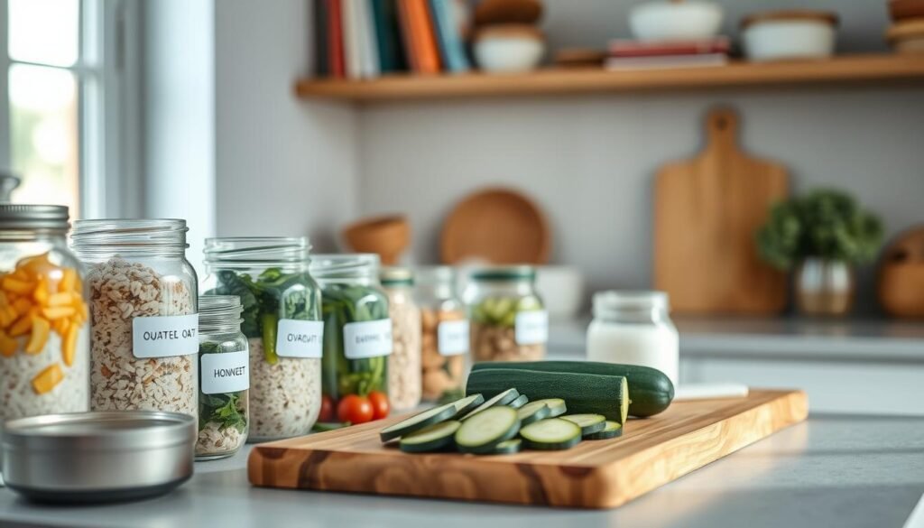 A cozy, minimalist kitchen setting with warm wooden accents and light blue hues. In the foreground, various glass jars and containers neatly arranged, showcasing a variety of meal prep ingredients such as overnight oats, chopped vegetables, and labeled storage solutions. Midground features a wooden cutting board with zucchini slices, highlighting the key ingredient for the recipe. The background subtly displays shelves with cookbooks and other kitchen essentials, creating a comforting, organized atmosphere. Soft, natural lighting gently illuminates the scene, emphasizing the thoughtful storage and meal prep concepts.