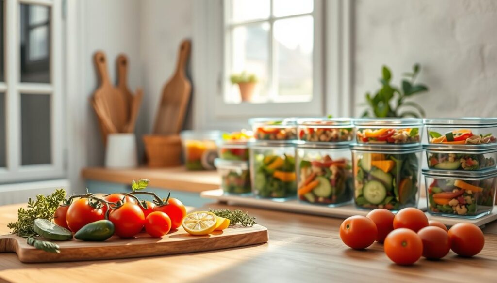 A cozy, minimalist kitchen setting with warm wooden textures and light blue accents. In the foreground, a wooden cutting board displays an assortment of fresh Mediterranean ingredients - tomatoes, cucumbers, olives, and herbs. In the middle ground, a series of glass meal prep containers are neatly arranged, each filled with a vibrant, colorful breakfast dish. The background features a simple whitewashed wall, with a large window allowing natural light to stream in, illuminating the scene. The atmosphere is calm and inviting, reflecting the peaceful planning of a nourishing weekly meal prep strategy.