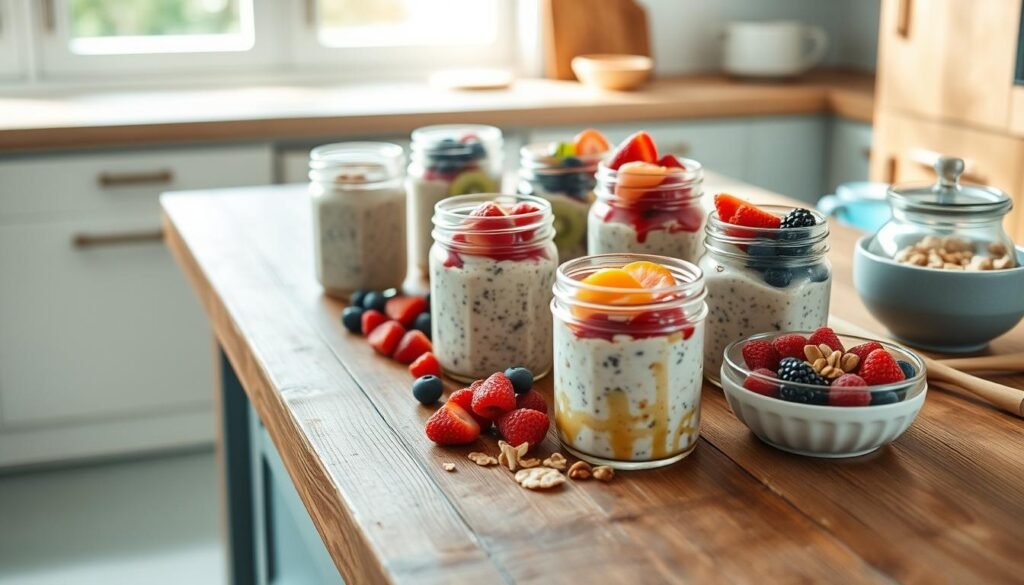 A cozy, minimalist kitchen setting with warm wooden textures and light blue accents. On a rustic wooden table, an array of glass jars and bowls showcases various flavor variations for overnight oats. Fresh berries, sliced kiwi, chopped nuts, and a drizzle of honey create a vibrant and inviting display. The lighting is soft and natural, casting a gentle glow over the scene. A sense of simplicity and nourishment permeates the atmosphere, inspiring the viewer to explore the endless possibilities of customizing their overnight oats.