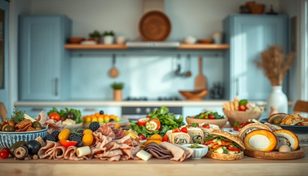 A cozy, minimalist kitchen with light blue accents and warm wooden textures serves as the backdrop for an array of international cold lunch recipes. In the foreground, an assortment of artfully arranged antipasto items, including cured meats, marinated vegetables, olives, and a variety of cheeses, create a visually appealing and flavorful spread. The middle ground features a mix of diverse culinary influences, such as colorful sushi rolls, vibrant Mediterranean salads, and hearty Scandinavian open-faced sandwiches. The lighting is soft and natural, casting a inviting glow over the scene, while the camera angle captures the scene from a slightly elevated perspective, emphasizing the rich textures and colors of the dishes.