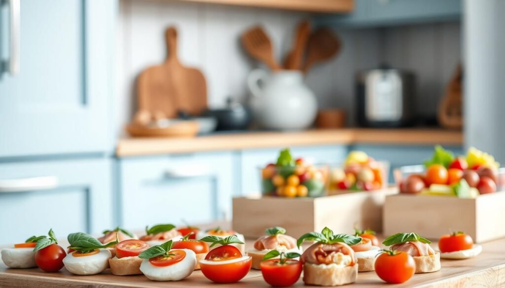 A cozy, minimalist kitchen with light blue accents and warm wooden textures serves as the backdrop for a series of artfully arranged Italian-inspired lunchboxes. In the foreground, a variety of colorful, bite-sized delicacies are carefully placed, including slices of fresh mozzarella, cherry tomatoes, basil leaves, and savory prosciutto rolls. The middle ground features a selection of small glass containers filled with vibrant salads and dips, complementing the main lunchbox components. The lighting is soft and natural, casting a gentle glow over the scene, highlighting the textures and colors of the carefully curated arrangement. The overall mood is one of thoughtful, appetizing simplicity, inviting the viewer to imagine the delicious and visually appealing Italian-inspired lunch.