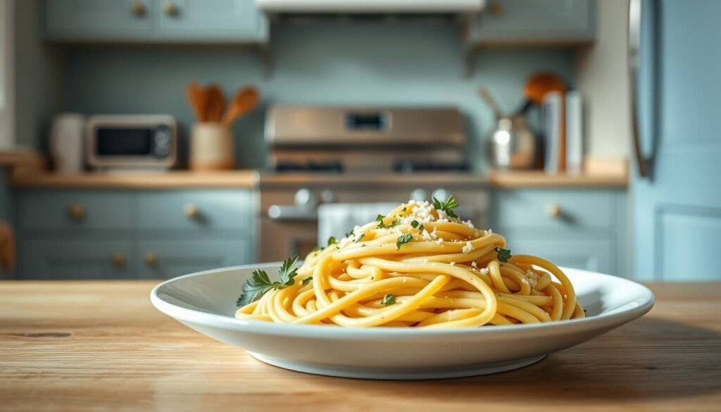 A cozy, minimalist kitchen with light blue accents and warm wooden textures. At the center, a creamy avocado and cheese pasta dish rests on a simple white plate, with fresh herbs and a sprinkle of Parmesan. The pasta strands glisten, hinting at the smooth, rich texture. In the background, a clean stove and appliances suggest a well-equipped but uncluttered space. Soft, natural lighting illuminates the scene, creating a calming and inviting atmosphere perfect for a nourishing lunchbox meal.