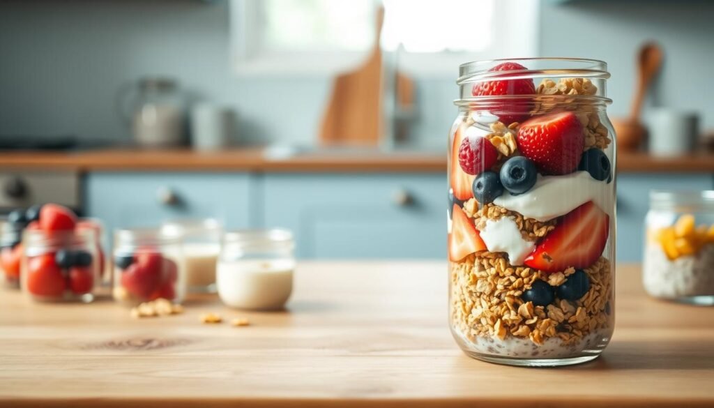 A cozy, minimalist kitchen with light blue accents and warm wooden textures. In the foreground, a layered mason jar filled with a variety of breakfast ingredients - crunchy granola, fresh berries, creamy yogurt, and a drizzle of honey. The middle ground showcases a scattering of additional jars, each containing different elements like overnight oats, chia pudding, and sliced fruit. The background features a simple backsplash and a hint of natural light filtering in, creating a serene, inviting atmosphere for a nourishing, make-ahead breakfast.