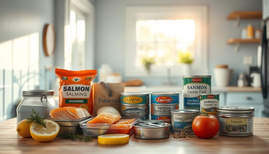 A cozy, minimalist kitchen with light blue accents and warm wooden textures. Sunlight streams through a large window, casting a soft glow on an arrangement of various tinned fish products, including salmon, tuna, sardines, and mackerel. The tins are accompanied by fresh lemon slices, sprigs of dill, and a few simple yet flavorful ingredients, hinting at the potential for delicious, no-heat lunchbox meals. The scene conveys a sense of resourcefulness and culinary inspiration, perfectly capturing the essence of "Maximizing the Potential of Tinned Fish."