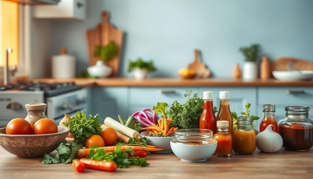 A cozy, minimalist kitchen with light blue accents and wooden textures sets the stage. On the counter, an assortment of vibrant, fresh Asian-inspired ingredients await - crisp vegetables, fragrant herbs, and a variety of colorful sauces. The scene exudes a sense of calm and wellness, hinting at the benefits of a nourishing, no-heat lunchbox meal. The lighting is soft and natural, casting a warm glow and accentuating the textures. The composition is balanced, drawing the viewer's eye to the artfully arranged components, conveying the appeal and convenience of a cold, flavorful lunch.