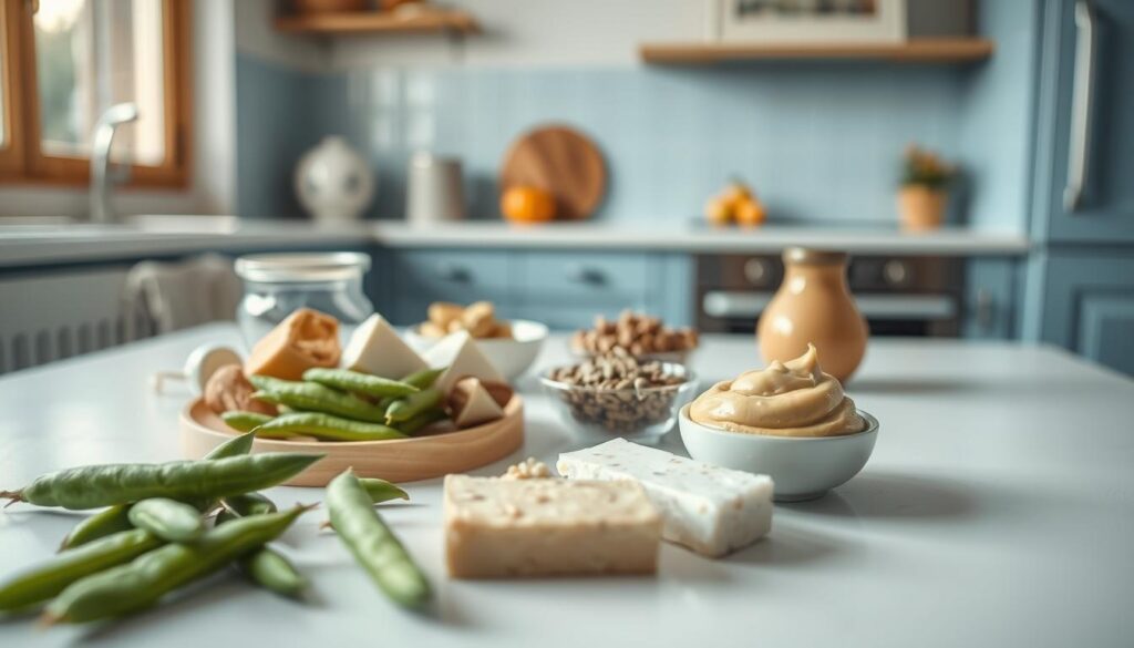 A cozy, minimalist kitchen with light blue accents and wooden textures, showcasing an assortment of no-cook vegan protein sources arranged on a clean, white table. In the foreground, prominent elements include vibrant green edamame pods, crisp slices of tofu, and creamy cashew butter. The middle ground features a variety of nuts and seeds, such as almonds, pumpkin seeds, and chia seeds, neatly presented in small bowls. In the background, a subtle hint of sunlight filters through a window, creating a warm, inviting atmosphere. The overall composition conveys a sense of simplicity, nutrition, and the ease of preparing no-heat lunchbox meals with vegan protein options.