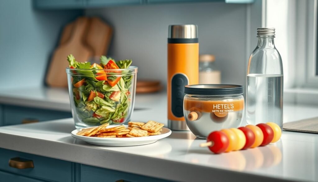 A cozy, minimalist kitchen with light blue accents and wooden textures. On a clean, uncluttered countertop, an assortment of dietary-friendly cold lunch options is artfully arranged. A glass container filled with a vibrant, veggie-packed salad sits alongside a thermos of a hearty, low-carb soup. A small plate holds a selection of gluten-free crackers and cheese cubes. A reusable water bottle and a fresh fruit skewer complete the scene, creating a visually appealing and nutritious cold lunch setup.