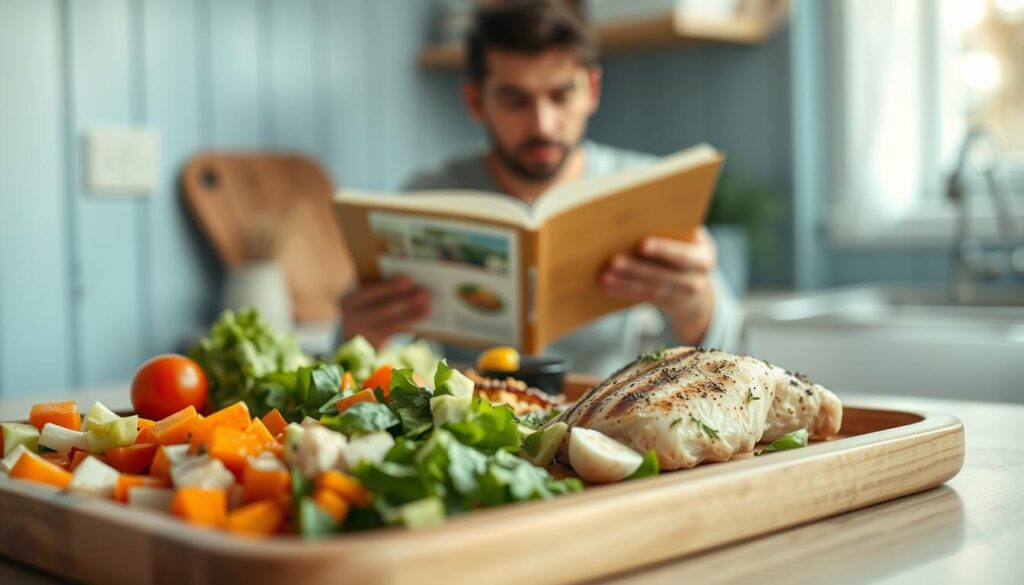 A cozy, minimalist kitchen with light blue accents and wooden textures. On a wooden sheet pan, an array of neatly organized ingredients - chopped vegetables, grilled chicken, and various seasonings. In the background, a blurred figure studies a recipe book, brow furrowed in concentration as they troubleshoot their meal prep routine. Soft, diffused lighting casts a warm glow, emphasizing the texture of the materials and the thoughtful process of preparing a healthy, balanced meal.