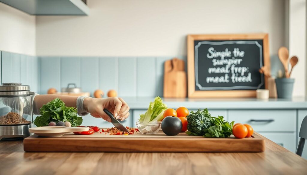 A cozy, minimalist kitchen with light blue accents and wooden textures. On the counter, a cutting board showcases fresh produce, spices, and a few small appliances. A pair of hands expertly prepare ingredients, chopping vegetables and arranging items neatly. The soft, natural lighting casts a warm glow, creating an atmosphere of efficiency and care. In the background, a framed chalkboard displays simple meal prep tips in elegant script. The overall scene conveys the expertise and attention to detail of a seasoned food professional, ready to share their knowledge.