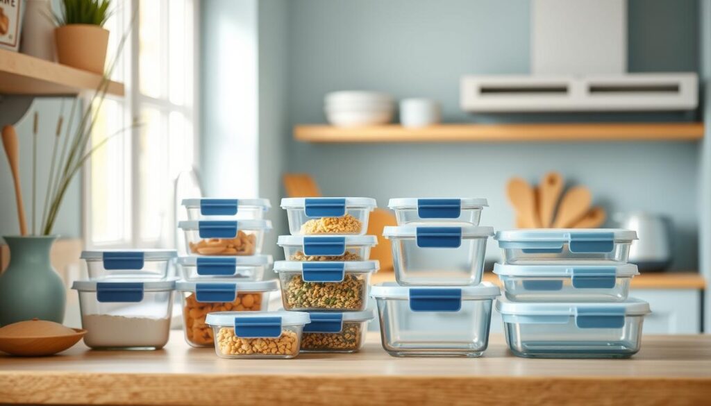 A cozy, minimalist kitchen with light blue accents and wooden textures. On the counter, an assortment of airtight containers in various sizes, their lids securely fastened. The containers are neatly arranged, showcasing their efficient storage solutions. Soft, natural lighting filters through the window, highlighting the clean, organized aesthetic. The scene conveys a sense of order and time-saving convenience, perfectly suited to illustrate the 