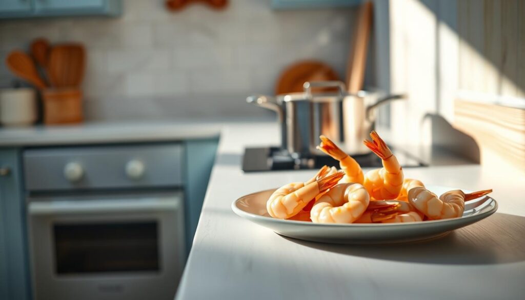 A cozy, minimalist kitchen with light blue accents and wooden textures. On the countertop, a plate with freshly reheated shrimp, steam gently rising. A stainless steel saucepan sits nearby, its contents simmering. Soft, natural lighting illuminates the scene, casting warm shadows. The camera captures the shrimp from an angle, highlighting their plump, juicy texture. The overall atmosphere conveys the expertise and care required to properly reheat this high-protein lunch staple.