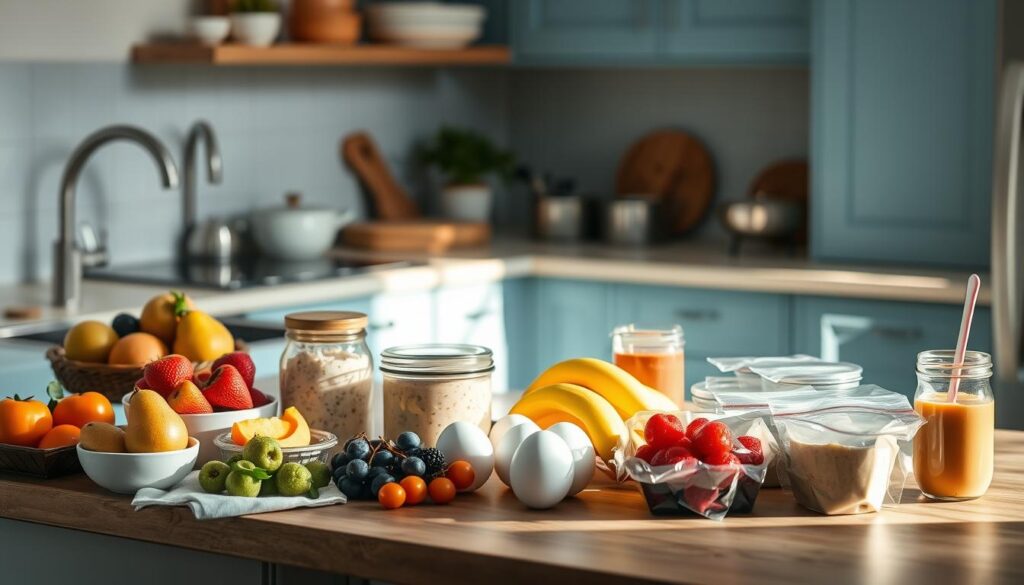 A cozy, minimalist kitchen with light blue accents and wooden textures. On the countertop, an array of freezer-friendly breakfast ingredients - assorted fruits, overnight oats, hard-boiled eggs, and individual smoothie packs. The scene is bathed in warm, natural lighting, captured from a slightly elevated angle to showcase the organized, visually appealing meal prep setup. The atmosphere exudes efficiency, simplicity, and a touch of healthy indulgence, perfectly suiting the 