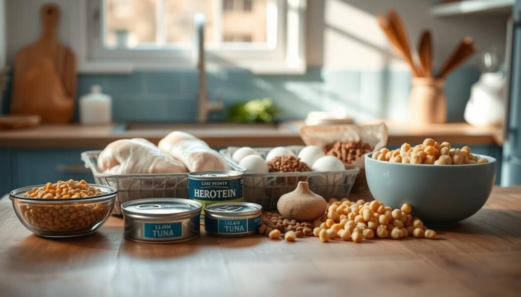 A cozy, minimalist kitchen with light blue accents and wooden textures. On the wooden countertop, arrange an assortment of affordable high-protein ingredients: lean chicken breasts, eggs, canned tuna, lentils, and chickpeas. Capture the ingredients in natural lighting, casting soft shadows. The scene exudes a sense of simplicity and practicality, showcasing budget-friendly options for a nutritious and protein-rich lunch prep.