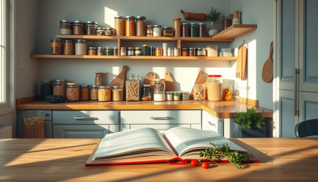 A cozy, minimalist kitchen with natural wooden textures, light blue accents, and no visible hands. Shelves and countertops display an array of pantry staples - canned beans, pasta, rice, spices, and jars of seeds, nuts, and dried fruits. Sunlight filters in, casting a warm, inviting glow and casting shadows that add depth and dimension. In the foreground, an open cookbook lays next to a cutting board and a few fresh ingredients, hinting at the creative meal possibilities within. The overall mood is one of calm, inspiration, and the endless potential of simple, humble pantry items.