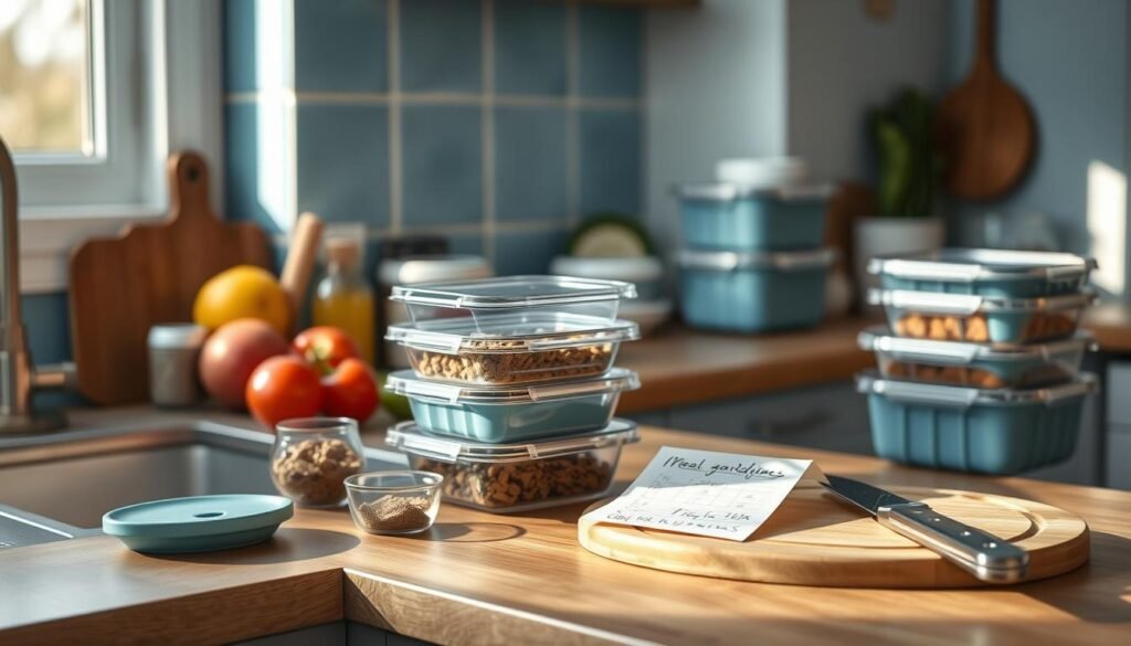 A cozy, minimalist kitchen with soft blue accents and warm wooden textures. On the counter, a variety of meal prep containers, spices, and fresh produce are neatly arranged. A hand-written recipe card sits beside a cutting board, hinting at the practical tips and tricks for efficient meal preparation. The lighting is soft and natural, creating a calm, inviting atmosphere. The scene evokes a sense of organization and mindfulness, perfect for illustrating a section on streamlining the work week meal prep process.