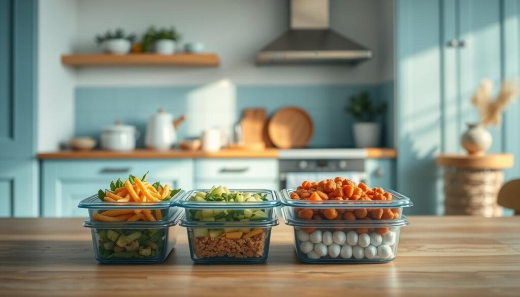 A cozy, minimalist kitchen with soft blue accents and wooden textures serves as the backdrop for a thoughtful display of portion control strategies. In the foreground, an array of neatly arranged food containers showcases the right-sized servings for different fitness goals, from muscle-building to weight management. The lighting is warm and natural, emphasizing the simplicity and practicality of the scene. The camera captures the scene from a slightly overhead angle, inviting the viewer to imagine how they might apply these portion control techniques to their own high-protein meal prep.