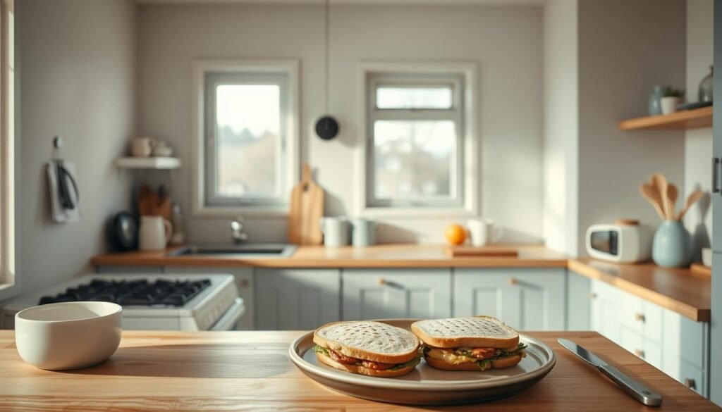 A cozy, minimalist kitchen with soft light, wooden textures, and light blue accents. Step-by-step cooking instructions for a protein-rich breakfast sandwich unfold in the foreground, captured from an overhead angle. Clean-lined appliances and utensils populate the middle ground, while the background features a simple backsplash and a single window overlooking a tranquil outdoor scene. The overall mood is one of intentional, nourishing simplicity.