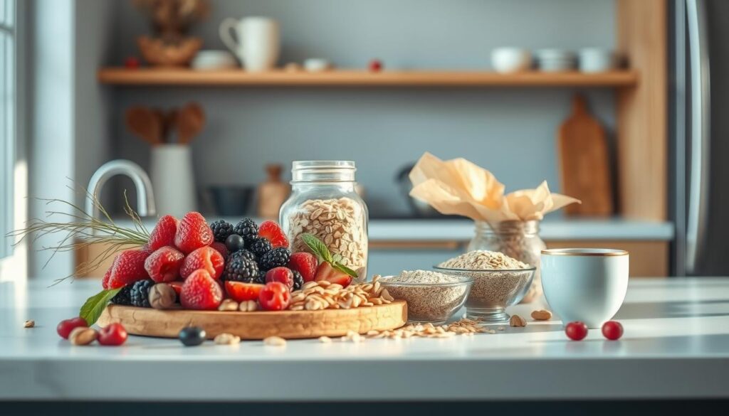 A cozy, minimalist kitchen with warm wooden accents and soft blue undertones sets the scene. On the counter, an assortment of wholesome, high-fiber ingredients are artfully arranged - from ripe berries and crunchy nuts to hearty oats and chia seeds. Natural light filters in, casting a gentle glow over the scene, as if inviting you to explore these low-sugar, high-fiber recipe inspirations. The focus is on the fresh, nourishing elements, capturing the essence of a delicious and nutritious breakfast that supports digestive health.