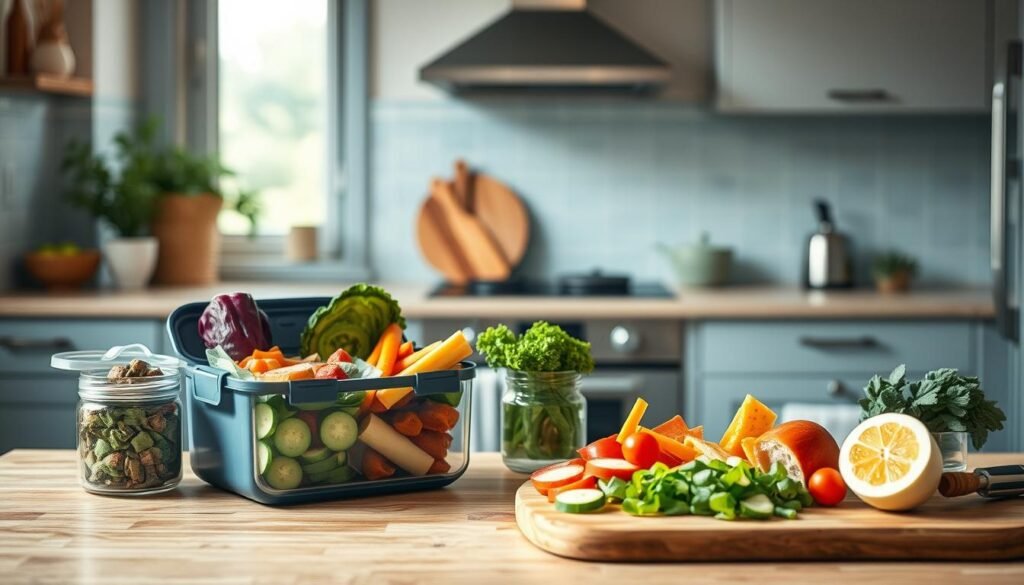 A cozy, minimalist kitchen with warm wooden textures and light blue accents serves as the backdrop for a visually appealing display of the benefits of cold lunch prep. In the foreground, a neatly packed lunchbox showcases a variety of fresh, colorful ingredients - crisp vegetables, flavorful proteins, and tasty snacks. The middle ground features a cutting board with expertly sliced produce, highlighting the ease and convenience of meal preparation. Soft, natural lighting illuminates the scene, creating a serene and inviting atmosphere. The overall composition conveys the advantages of cold lunch prep for busy professionals and families - saving time, promoting healthier eating habits, and introducing variety to combat lunchtime boredom.