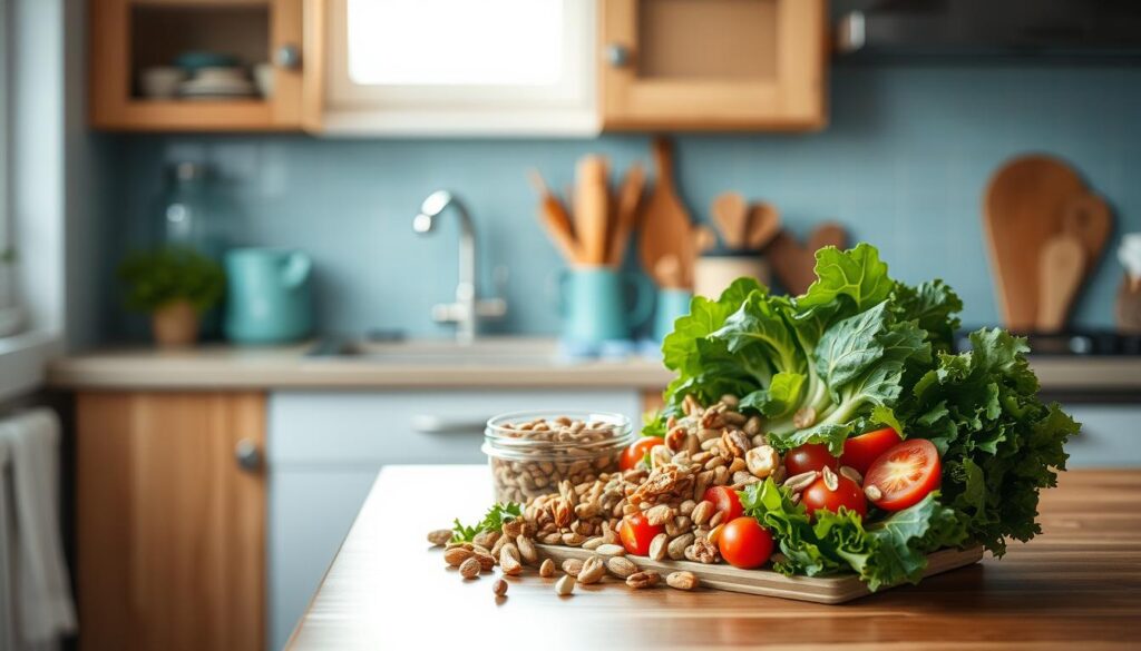 A cozy, minimalist kitchen with warm wooden textures and light blue accents sets the scene. On a clean, uncluttered counter, an assortment of fresh, vibrant ingredients - leafy greens, colorful vegetables, protein-rich nuts and seeds - are artfully arranged, highlighting the benefits of a nourishing, no-heat lunch. Soft natural lighting filters in, casting a soft, inviting glow and emphasizing the simplicity and appeal of these wholesome, portable meal options. The composition evokes a sense of ease, balance, and the advantages of a busy lifestyle fueled by satisfying, on-the-go sustenance.