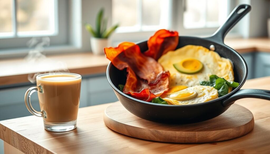 A cozy, minimalist kitchen with warm wooden textures and light blue accents sets the stage for a stunning still life showcasing the benefits of a low-sugar keto breakfast. Crisp, golden bacon sizzles in a cast-iron skillet, accompanied by a fluffy omelet filled with nutrient-dense spinach and creamy avocado slices. A glass of vibrant, frothy bulletproof coffee steams nearby, its inviting aroma filling the air. Sunlight streams through large windows, casting a soft, natural glow over the scene, highlighting the vibrant colors and textures of this nourishing, keto-friendly meal. The image captures the essence of a lifestyle that prioritizes health, mindfulness, and the simple pleasures of a purposeful, low-carb breakfast.