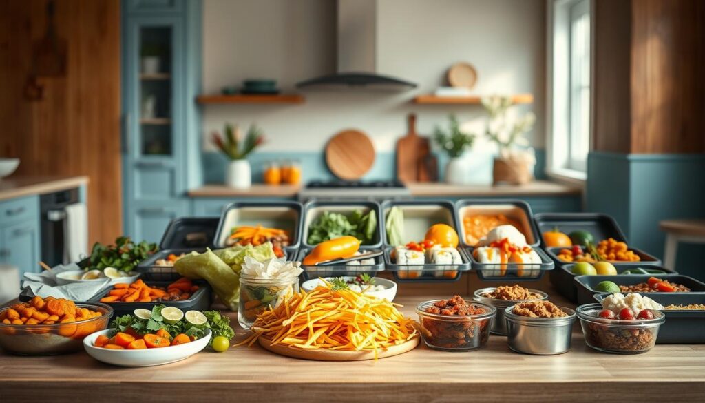 A cozy, minimalist kitchen with warm wooden textures and light blue accents sets the stage for an international lunchbox feast. In the foreground, a vibrant array of global flavors takes center stage - fragrant curries, zesty citrus salads, savory sushi rolls, and hearty stews, all prepared without heat. The middle ground showcases a variety of carefully packed lunchboxes, each reflecting the diverse cultural influences. In the background, natural light filters in, creating a serene, inviting atmosphere that beckons the viewer to explore these no-heat meal options.