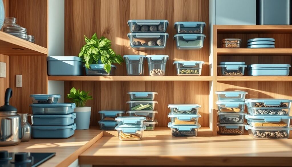 A cozy, minimalist kitchen with warm wooden textures and light blue accents showcases a variety of meal prep storage solutions. Glass containers, silicone lids, and modular organizers neatly arranged on wooden shelves and countertops. The lighting is soft and natural, accentuating the clean, organized aesthetic. A hint of greenery adds a fresh, nourishing touch to the scene. The overall atmosphere is one of efficiency, simplicity, and a thoughtful approach to meal preparation for the office, without any strong odors lingering.