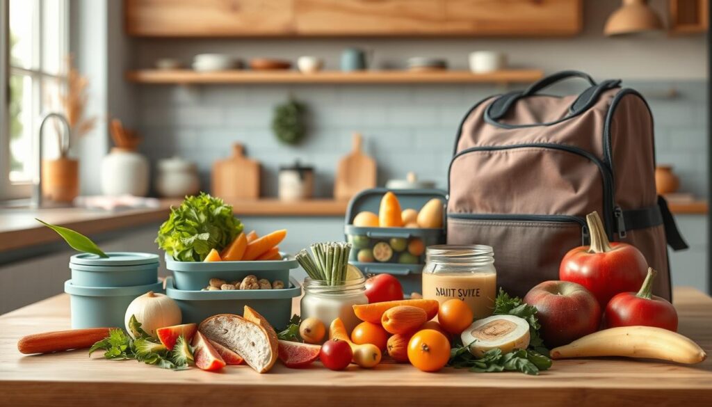 A cozy, minimalist kitchen with warm wooden textures and light blue accents showcases an artful arrangement of no-heat lunchbox meals. In the foreground, a selection of seasonal produce like crisp vegetables, juicy fruits, and creamy nut butters are neatly displayed. In the middle ground, a variety of portable containers, such as bento boxes and insulated lunch bags, invite the viewer to imagine filling them with delightful, nutrient-dense components. The background features a serene, natural ambiance, with soft lighting filtering through a window, casting a gentle glow over the scene. The overall mood is one of freshness, simplicity, and culinary inspiration, inviting the viewer to envision easy, satisfying lunchbox creations using seasonal produce.
