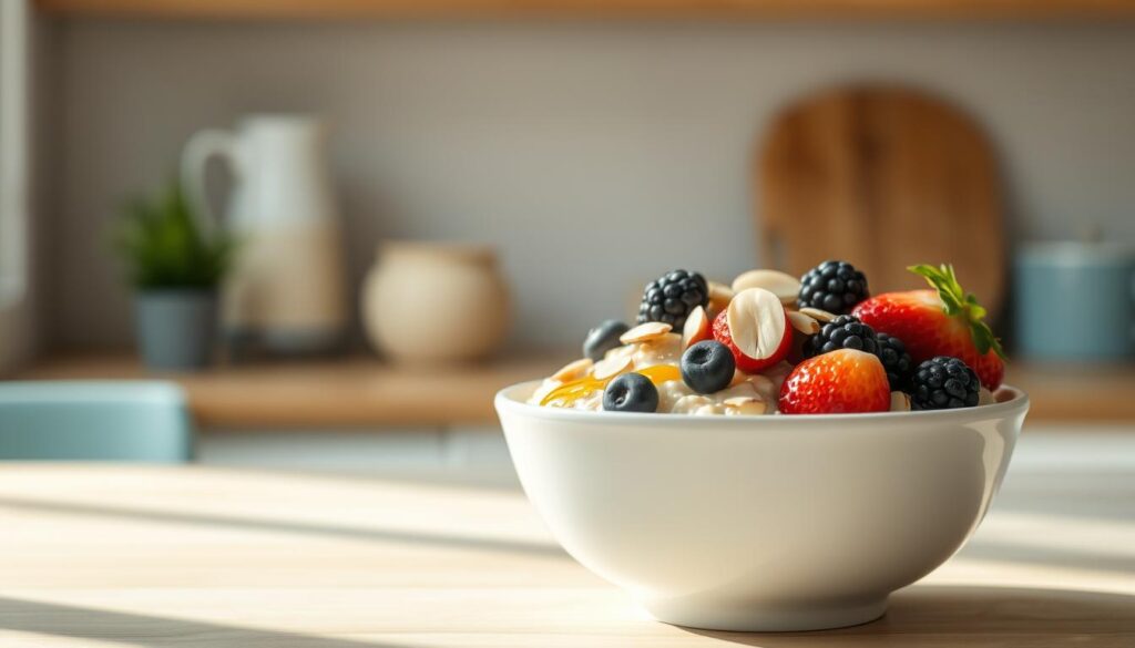 A cozy, minimalist kitchen with warm wooden textures and light blue accents. A simple white ceramic bowl filled with creamy, no-cook oatmeal, topped with fresh berries, sliced almonds, and a drizzle of honey. Soft, natural lighting illuminates the scene, casting gentle shadows and highlighting the delicate textures of the ingredients. The oatmeal appears silky smooth, inviting the viewer to imagine the satisfying, effortless breakfast. In the background, a clean, uncluttered countertop suggests the convenience and ease of this overnight oats trend.