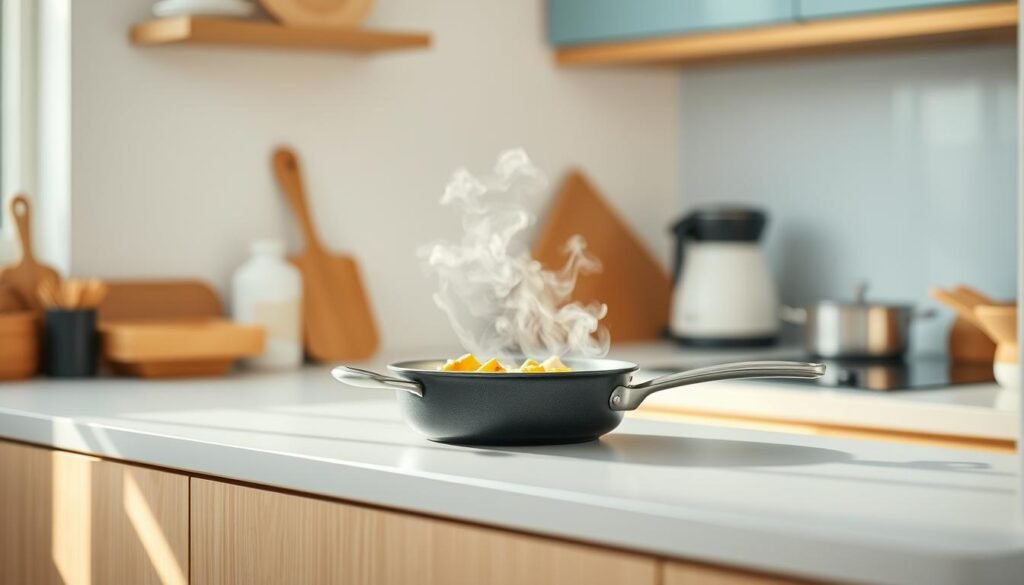 A cozy, minimalist kitchen with warm wooden textures and light blue accents. A single pan sits atop a clean, uncluttered countertop, steam gently rising from its contents. The pan is the focal point, surrounded by a few simple kitchen tools and appliances. Soft, natural lighting illuminates the scene, creating a calming, inviting atmosphere. The composition emphasizes the benefits of one-pan cooking - ease, efficiency, and minimal cleanup, all without sacrificing the joy of home-cooked meals during a busy workweek.