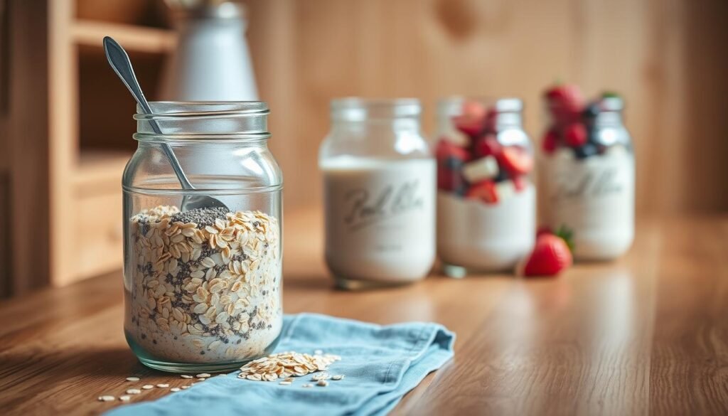 A cozy, minimalist kitchen with warm wooden textures and light blue accents. A wooden table holds a series of glass jars, each containing a step in the overnight oats preparation process. Soft, diffused lighting illuminates the scene, creating a calming and inviting atmosphere. In the foreground, a jar with rolled oats, chia seeds, and a metal spoon sits atop the table. The middle ground features a jar filled with a creamy oat mixture, while the background showcases a jar of fresh berries. The overall composition guides the viewer through the step-by-step process of preparing delicious and nutritious overnight oats.