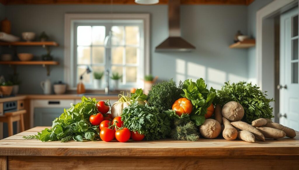 A cozy, minimalist kitchen with warm wooden textures and light blue accents. A wooden table in the foreground displays a vibrant array of fresh, locally sourced seasonal produce - crisp greens, ripe tomatoes, fragrant herbs, and earthy root vegetables. Soft natural light filters in through large windows, casting a gentle glow over the scene. The background is clean and uncluttered, allowing the focus to remain on the bountiful local ingredients. An atmosphere of simplicity, quality, and culinary potential permeates the space, inviting the viewer to imagine the nourishing, flavorful meals that could be crafted from these local treasures.