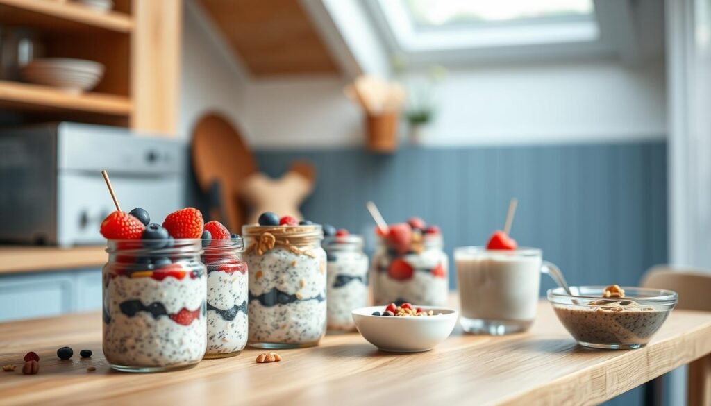 A cozy, minimalist kitchen with warm wooden textures and light blue accents. In the foreground, an array of overnight oats preparations in glass jars, garnished with fresh berries, nuts, and a drizzle of honey. Chia puddings in smaller dishes stand beside them, creating a delightful visual contrast. The middle ground features a clean, uncluttered background, allowing the recipes to take center stage. Soft, natural lighting from a window or skylight bathes the scene, creating a serene and inviting atmosphere. The overall mood is one of simplicity, nourishment, and the joy of a make-ahead, healthy breakfast.
