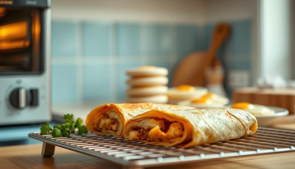 A cozy, minimalist kitchen with warm wooden textures and light blue accents. In the foreground, a pair of breakfast burritos sit on a wire rack, gently steaming as they reheat in a countertop convection oven. The burritos are crisp and golden-brown on the outside, with a mouthwatering filling spilling out invitingly. In the middle ground, a small stack of freshly reheated egg dishes, their vibrant yolks and fluffy textures beckoning. The light from the oven casts a soft, ambient glow, creating a comforting atmosphere. A handful of fresh herbs and spices add pops of color, complementing the earthy tones. The entire scene emanates the promise of a delicious, satisfying breakfast, ready to be savored.