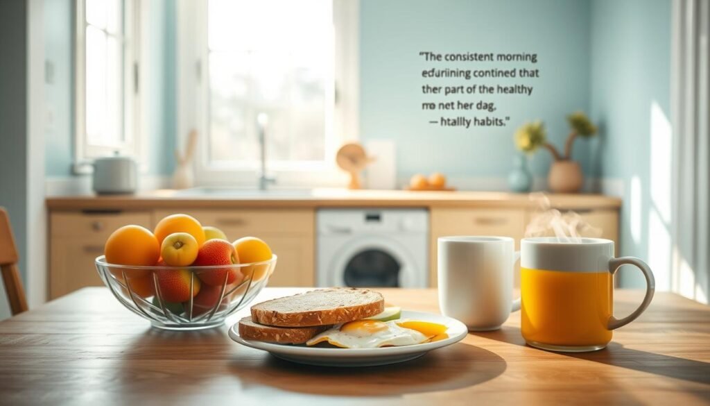 A cozy, minimalist kitchen with warm wooden textures and light blue accents. In the foreground, a table is set with a healthy breakfast spread: a bowl of fresh fruit, a glass of orange juice, a plate of whole-grain toast, scrambled eggs, and a steaming mug of coffee. Sunlight streams through the window, casting a soft, natural glow. In the background, inspirational quotes about the benefits of a consistent morning routine are subtly displayed on the walls, emphasizing the importance of establishing healthy habits. The overall scene conveys a sense of calm, productivity, and the rejuvenating power of a nourishing start to the day.