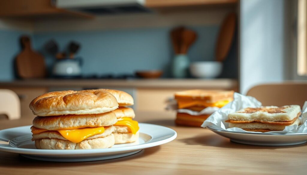 A cozy, minimalist kitchen with warm wooden textures and light blue accents. In the foreground, a plate holds a stack of freshly assembled breakfast sandwiches, their golden-brown buns and gooey cheese visible. Next to them, a plate of pre-frozen sandwiches waits to be reheated, their wrapping partially peeled back. Soft, natural lighting illuminates the scene, casting gentle shadows and highlighting the delicate details. The overall atmosphere evokes a sense of comforting domesticity, inviting the viewer to imagine the satisfying process of preparing a quick, homemade breakfast.