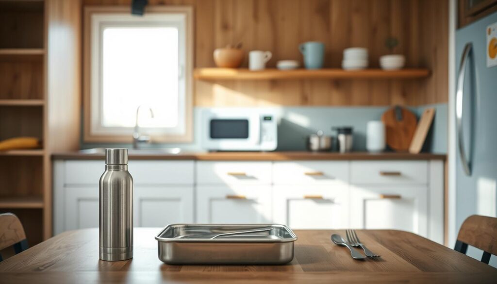 A cozy, minimalist kitchen with warm wooden textures and light blue accents. In the foreground, a simple table setting with a metal lunchbox, reusable water bottle, and compact utensils neatly arranged. The scene is gently lit from above, casting soft shadows and highlighting the textures. In the background, simple appliances and a clean, clutter-free counter convey a sense of order and practical efficiency. The overall atmosphere is one of calm, organized preparation - the perfect setting to illustrate guidelines for a safe, no-microwave cold lunch.