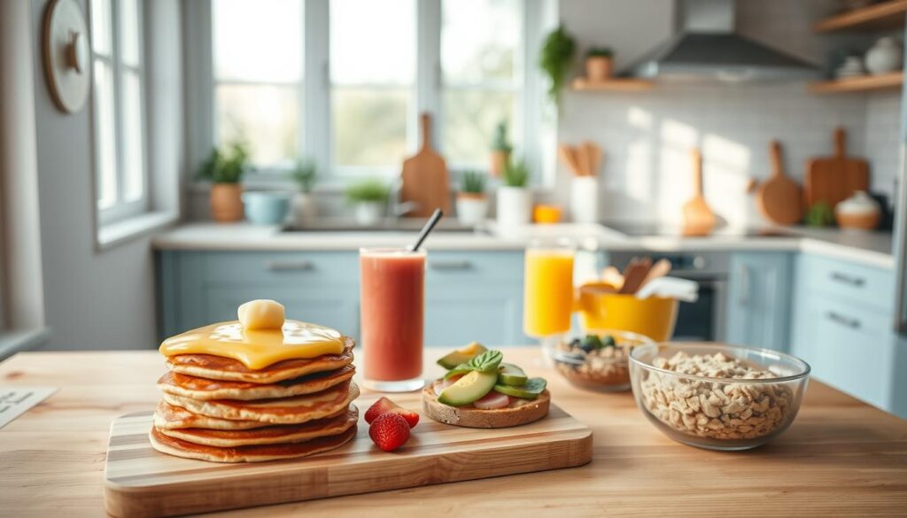 A cozy, minimalist kitchen with warm wooden textures and light blue accents. In the foreground, a variety of quick breakfast recipes are artfully arranged on a wooden cutting board - fluffy pancakes, vibrant fruit smoothies, avocado toasts, and hearty oatmeal bowls. The middle ground features a clean, white countertop with fresh herbs, high-quality ingredients, and kitchen tools. In the background, a large window floods the space with natural light, creating a serene and inviting atmosphere. The overall mood is one of simplicity, nourishment, and effortless mornings.