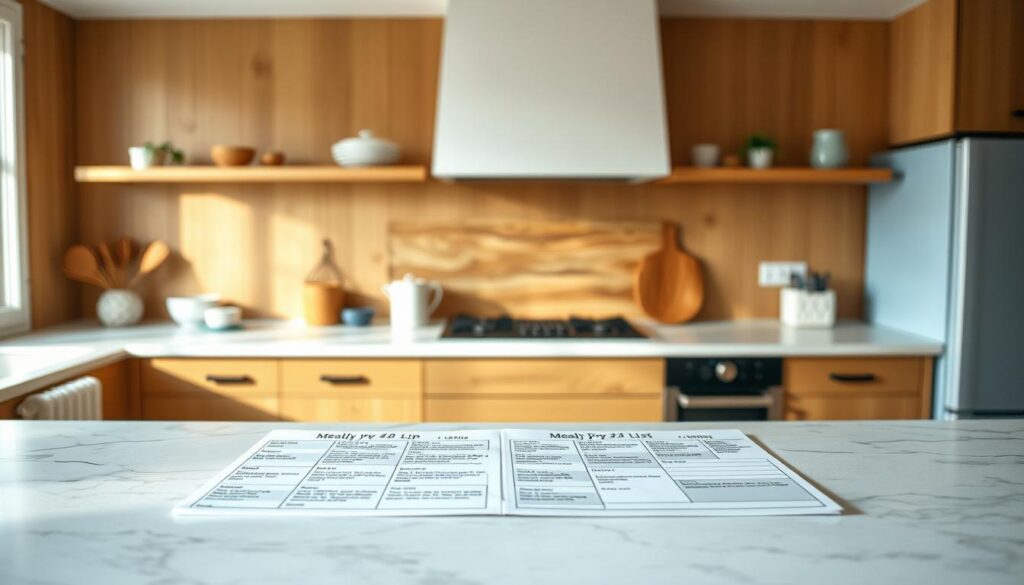 A cozy, minimalist kitchen with warm wooden textures and light blue accents. On a clean marble counter, a weekly meal prep schedule is neatly laid out, with detailed meal plans, shopping lists, and preparation instructions for each day. Soft, diffused lighting illuminates the scene, creating a serene and organized atmosphere. The layout is visually appealing, with clean typography and simple icons, making it easy to follow and plan a productive work week of healthy, home-cooked meals.