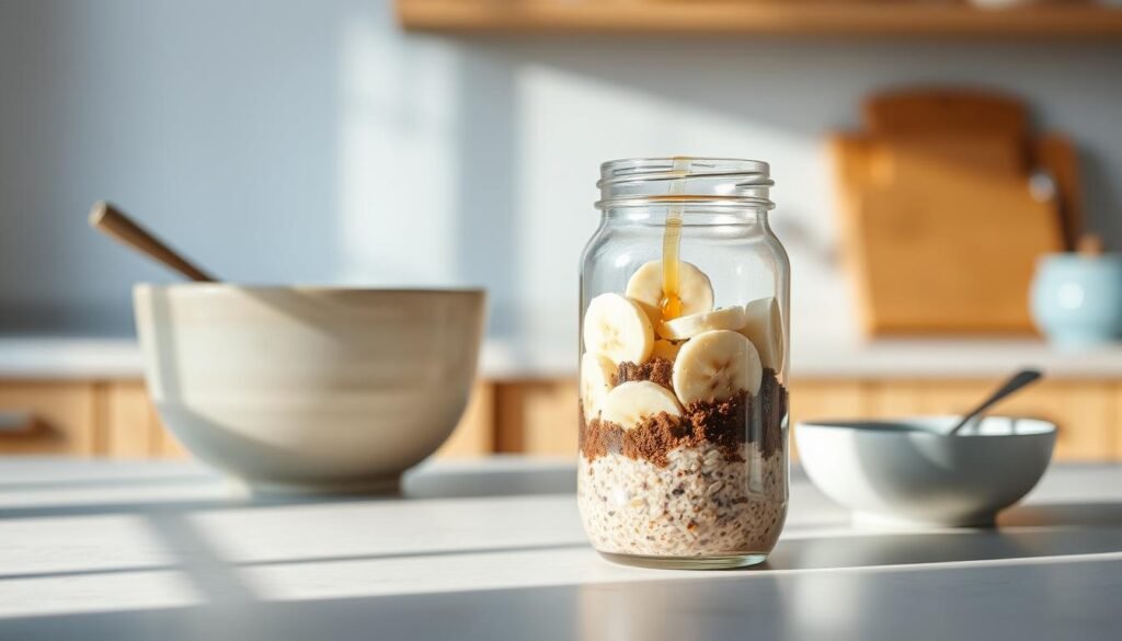 A cozy, minimalist kitchen with warm wooden textures and light blue accents. On the counter, a clear glass jar filled with overnight oats, layered with grated chocolate, sliced bananas, and a drizzle of honey. The jar is illuminated by soft, diffused lighting, casting gentle shadows. In the background, a simple ceramic bowl with a spoon rests on the counter, hinting at the upcoming consumption of this nourishing breakfast. The scene exudes a sense of calm and wholesome preparation, inviting the viewer to envision the delicious and energizing chocolate banana overnight oats.
