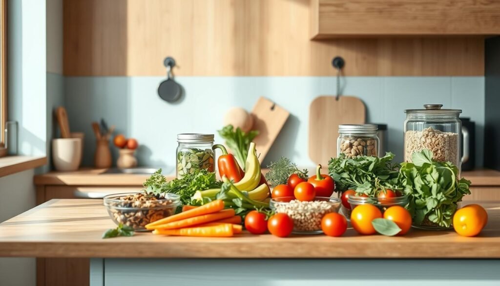 A cozy, minimalist kitchen with warm wooden textures and light blue accents. On the counter, a variety of colorful vegetable ingredients are neatly arranged - vibrant greens, carrots, bell peppers, and tomatoes. Glass containers filled with fresh herbs, grains, and proteins create a visually appealing 