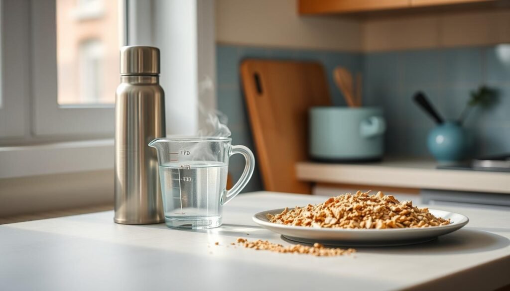 A cozy, minimalist kitchen with warm wooden textures and light blue accents. On the counter, a shiny metal thermos stands beside a glass measuring cup filled with steaming water. Nearby, a plate of dry, dehydrated ingredients waits to be rehydrated. Soft, natural lighting illuminates the scene, casting gentle shadows and highlighting the simple, yet effective rehydration techniques.
