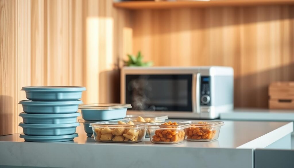A cozy, minimalist kitchen with warm wooden textures and light blue accents. On the counter, a selection of meal prep containers neatly arranged, their contents steaming gently as they are reheated. The soft, even lighting casts a soothing glow, highlighting the practical simplicity of the scene. A stack of airtight lids stands ready, while a small appliance, likely a microwave or toaster oven, waits patiently to reheat the carefully portioned meals. The atmosphere conveys a sense of efficiency and organization, perfectly suited for the "Quick Tips for Storing and Reheating Meal Prep" section of the article.