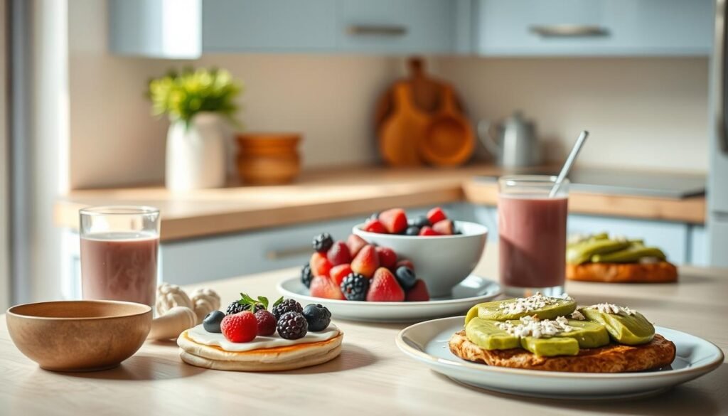 A cozy minimalist kitchen with warm wooden textures and light blue accents. On the counter, an array of gluten-free breakfast items, including a stack of fluffy pancakes, a bowl of fresh berries, a glass of smoothie, and a plate of avocado toast. Soft, diffused lighting illuminates the scene, casting gentle shadows and highlighting the natural colors and textures of the ingredients. The overall atmosphere is inviting and wholesome, conveying the simplicity and nourishment of a gluten-free lifestyle.