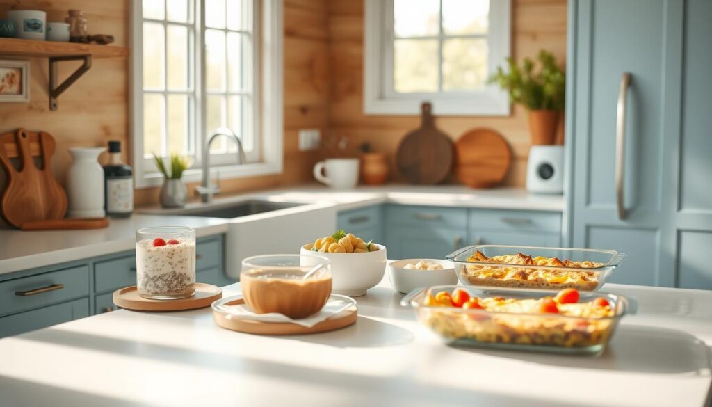 A cozy, minimalist kitchen with warm wooden textures and light blue accents. On the counter, an array of freshly prepared make-ahead breakfast recipes, including overnight oats, chia pudding, and a breakfast casserole. Sunlight filters through large windows, casting a soft glow over the scene. The composition is clean and uncluttered, allowing the various dishes to take center stage. The camera angle is slightly elevated, providing a welcoming and inviting perspective.